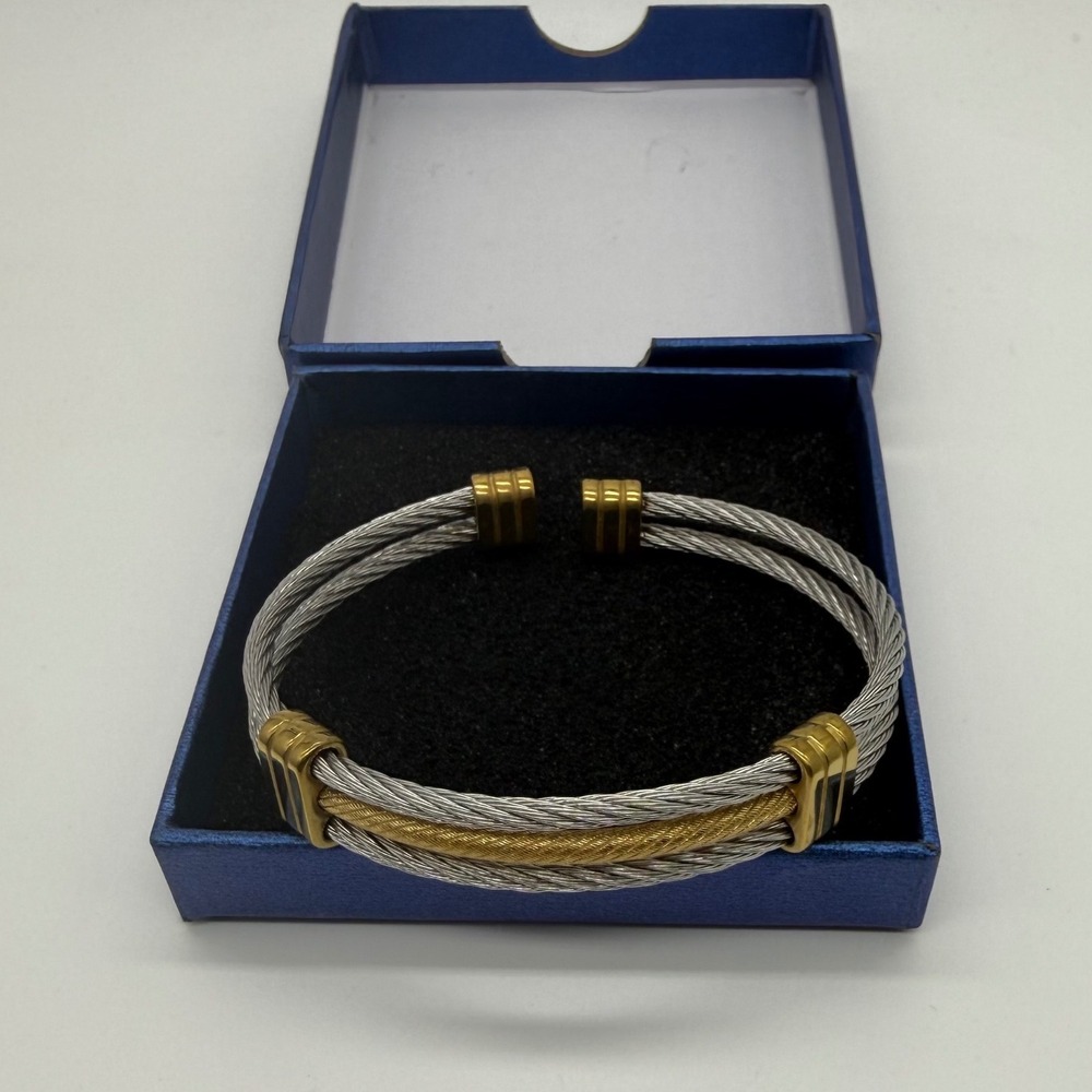 Two Tone Cable Cuff Bracelet Silver Gold Twisted Wire Open Bangle Designer Style